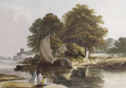 Alfred Nicholson (1788-1833), watercolour, Barges on the Thames, unsigned, inscribed verso