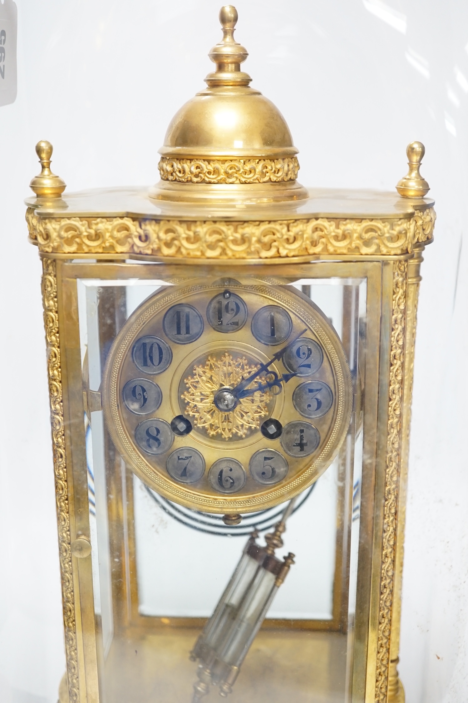 A French four glass mantel clock striking on a coiled gong with gilt brass frame and mercury - Image 2 of 4