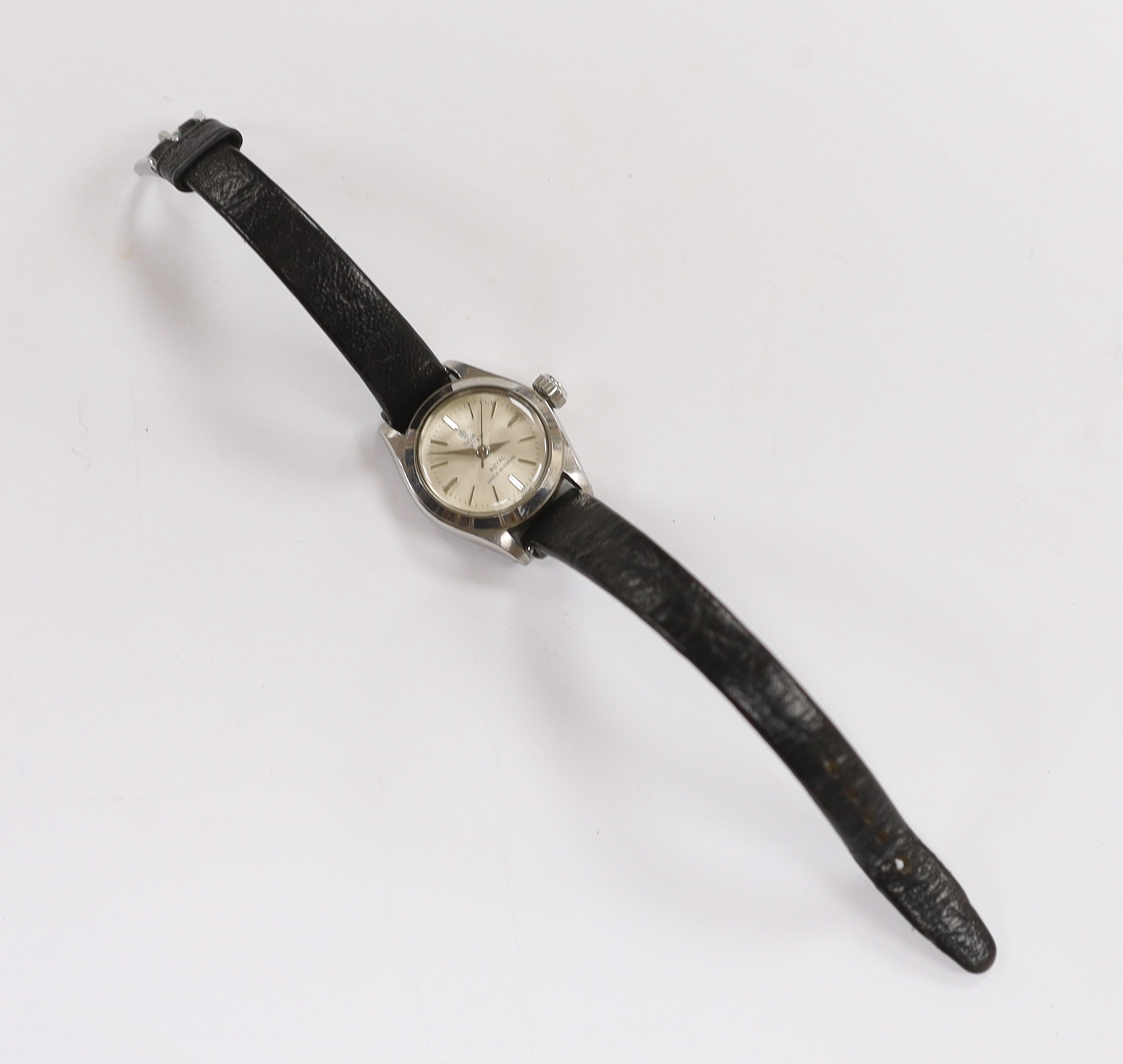 A lady's stainless steel Tudor Oyster Royal manual wind wrist watch, on an associated black - Image 2 of 3