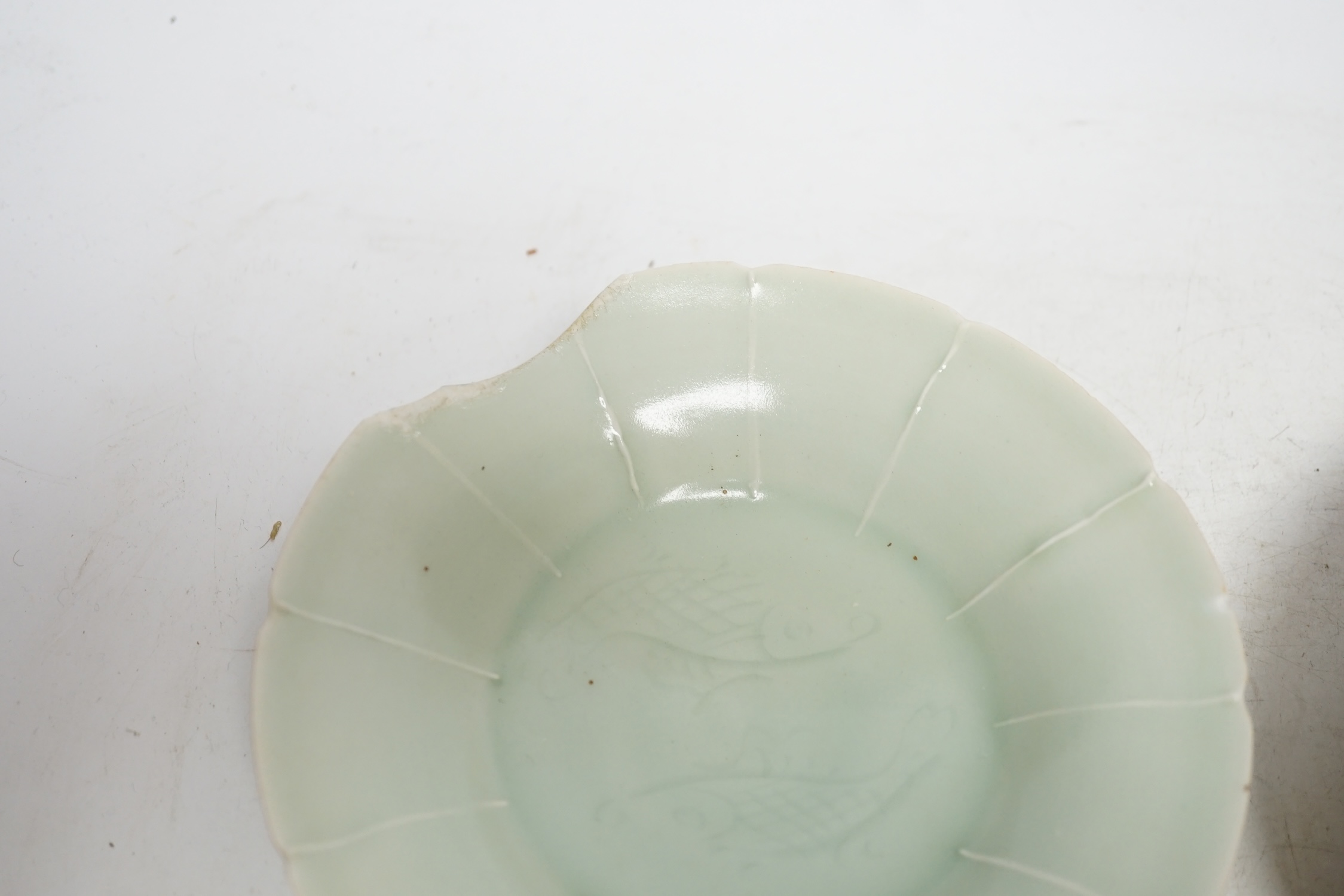 Two Chinese qingbai dishes and a Yue ware bowl, Song-Yuan dynasty, widest 17cm diameter - Image 2 of 6