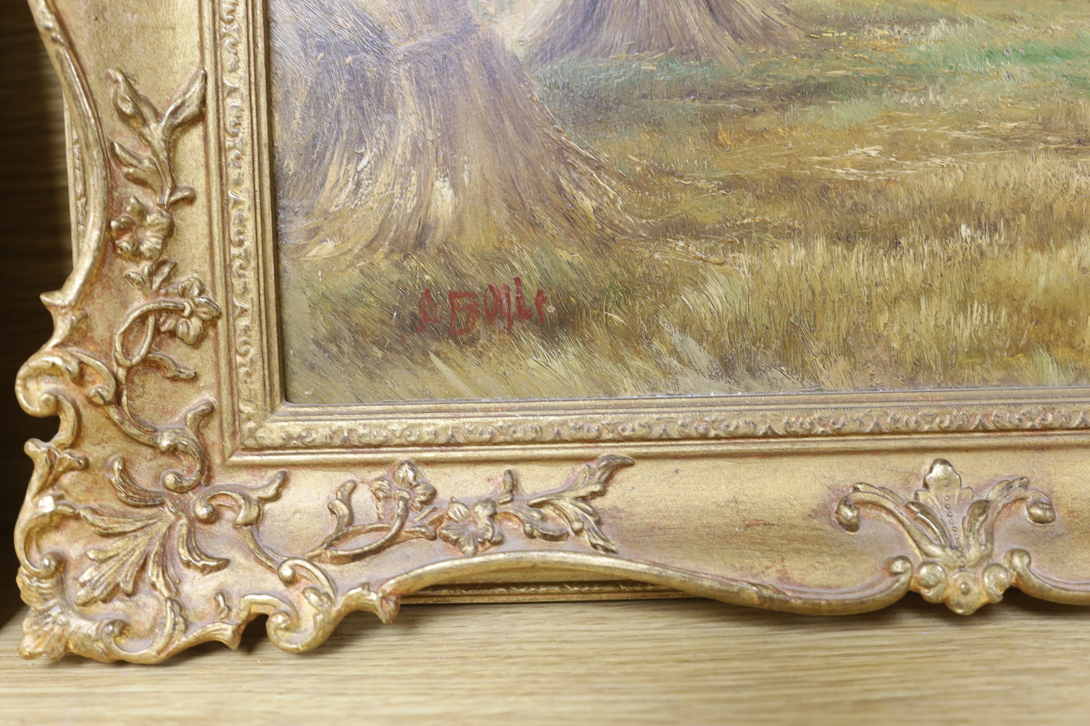 A Boule, oil on board, Landscape with hayricks, signed, 29 x 34cm, ornate gilt framed - Image 3 of 3