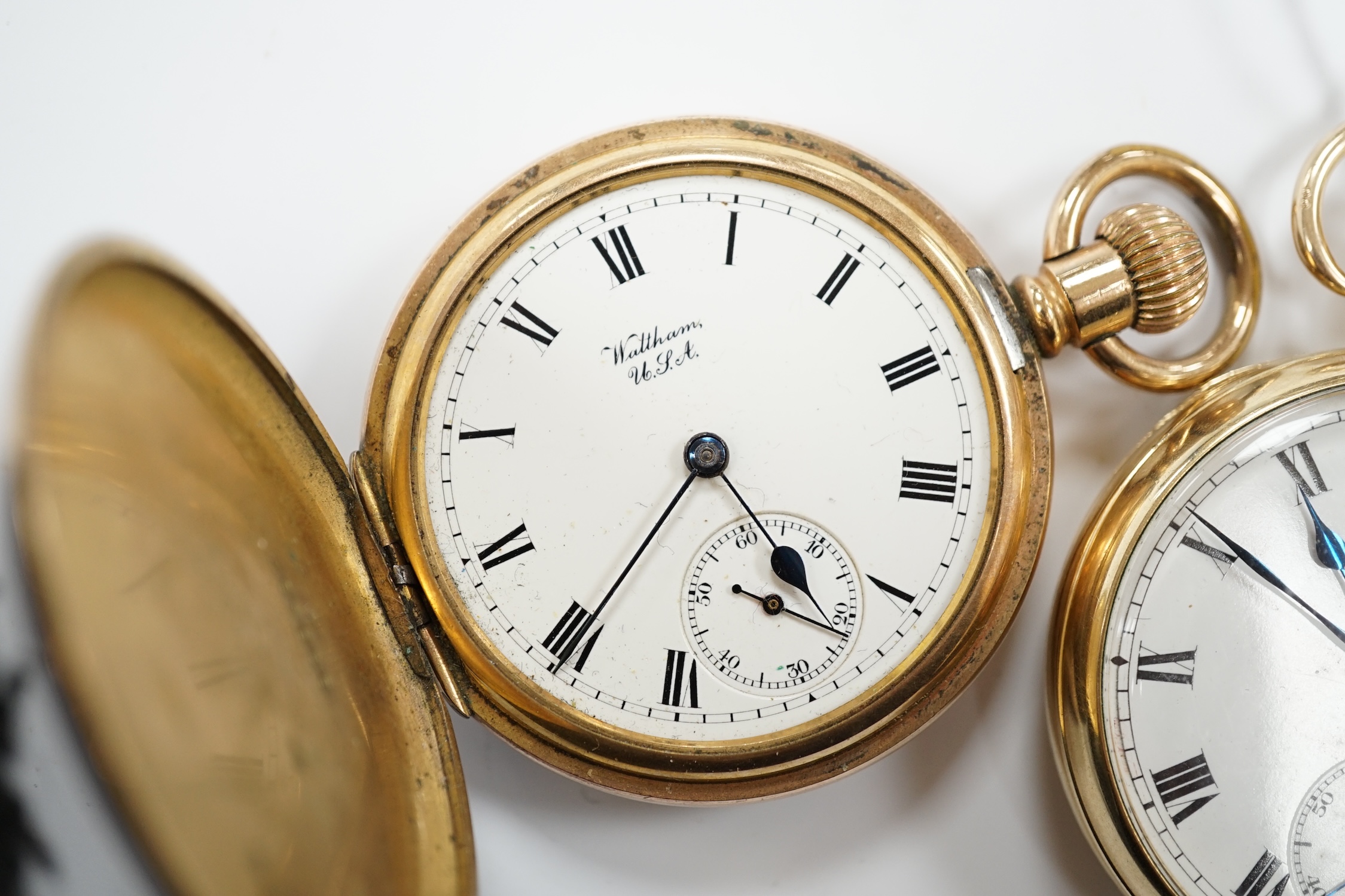 A gold plated Omega open faced pocket watch, with Roman dial and subsidiary seconds and a gold - Image 2 of 4