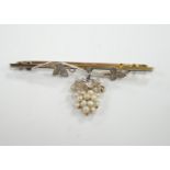 An Edwardian 15ct, platinum, and seed pearl set drop 'bunch of grapes' bar brooch, 58mm, gross