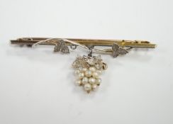 An Edwardian 15ct, platinum, and seed pearl set drop 'bunch of grapes' bar brooch, 58mm, gross