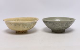 A Chinese Ming blue and white bowl and a celadon bowl, Song dynasty