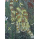 Sue Lampitt, mixed media, Cat amongst flowers, signed and dated '67, 44 x 35cm