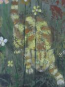 Sue Lampitt, mixed media, Cat amongst flowers, signed and dated '67, 44 x 35cm