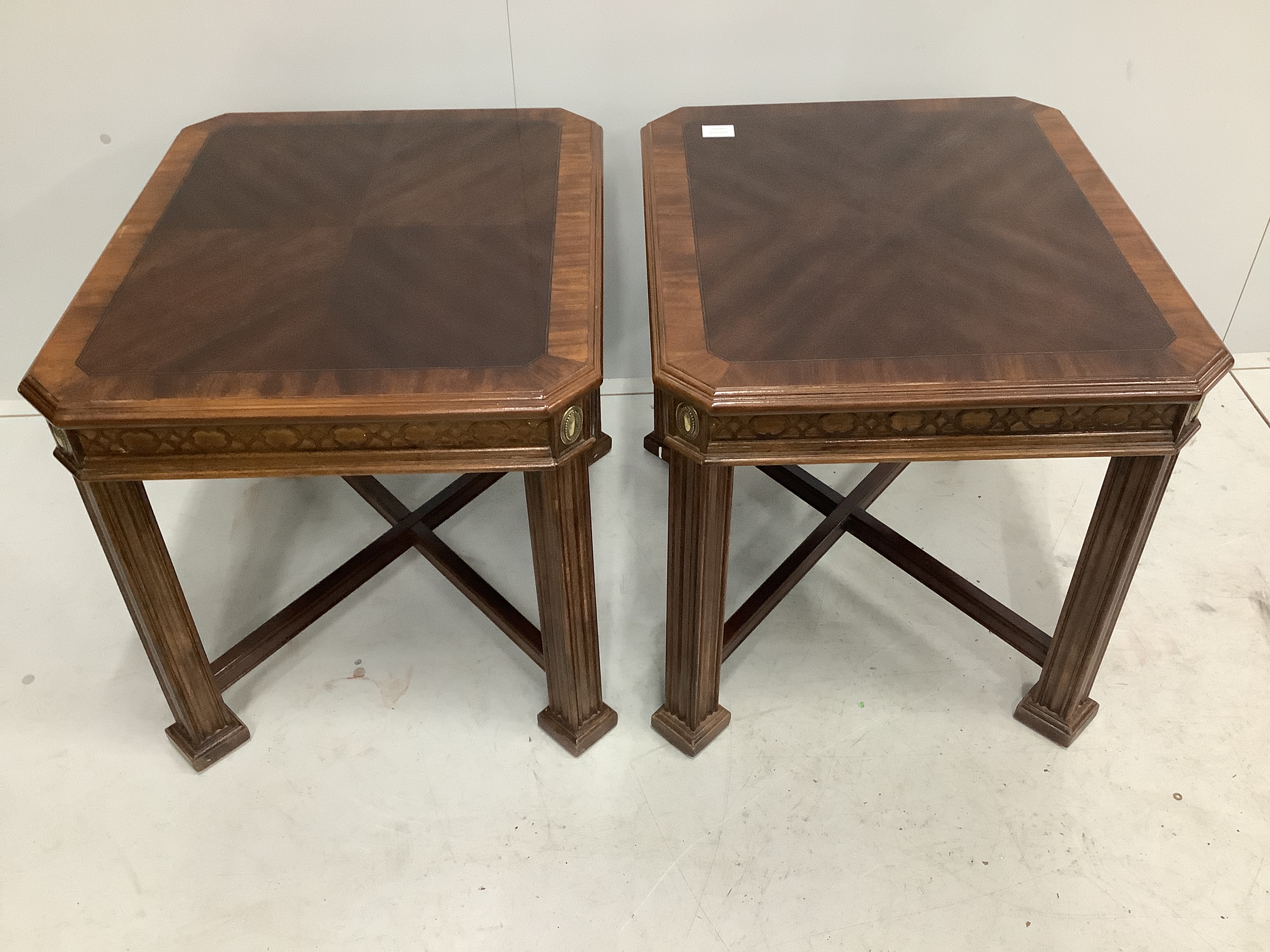 A pair of reproduction George III style mahogany occasional tables, width 56cm, depth 65cm, height - Image 2 of 3