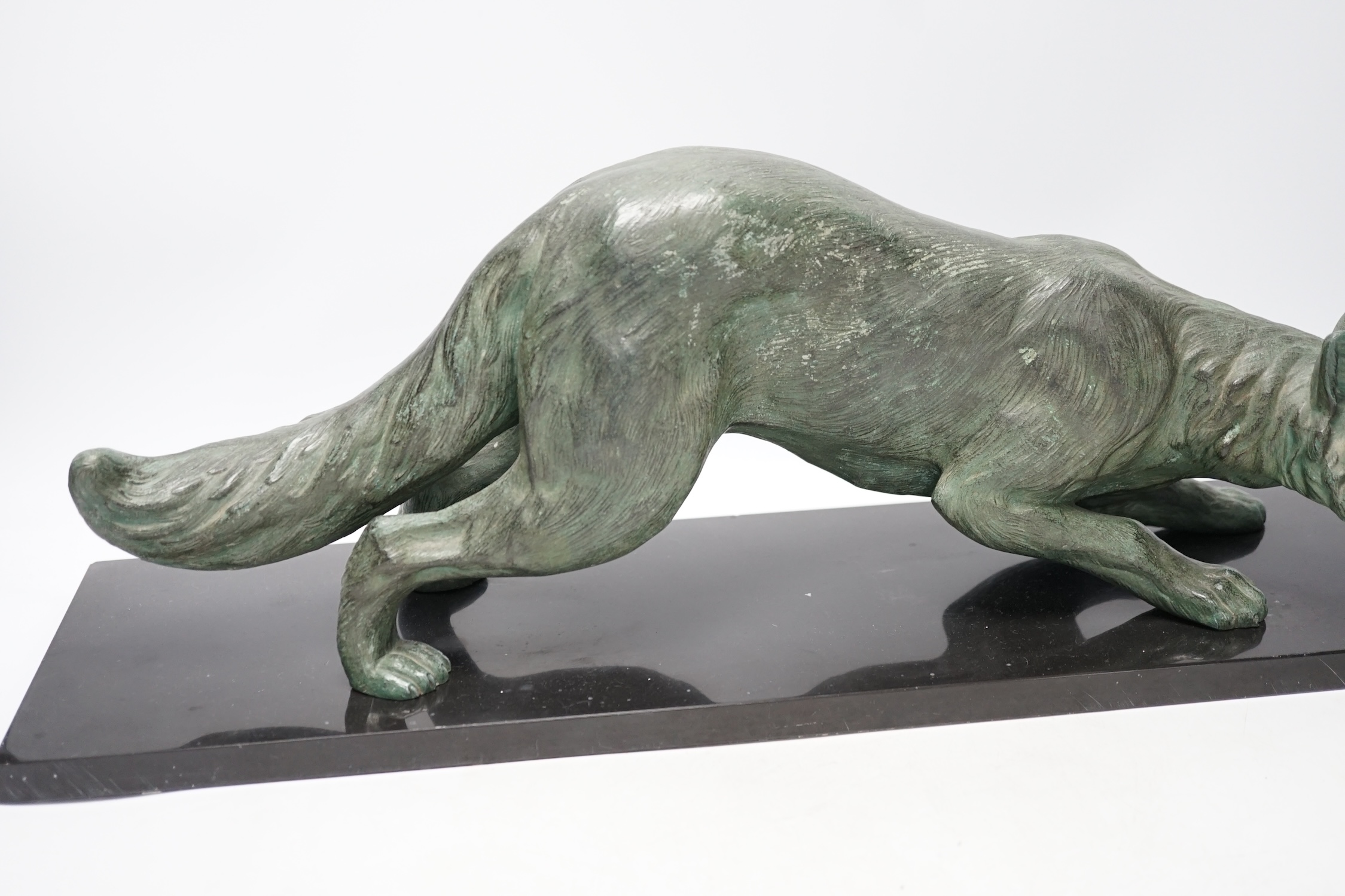 A bronzed metal model of a stalking fox, on black marble plinth, 62cm - Image 2 of 6