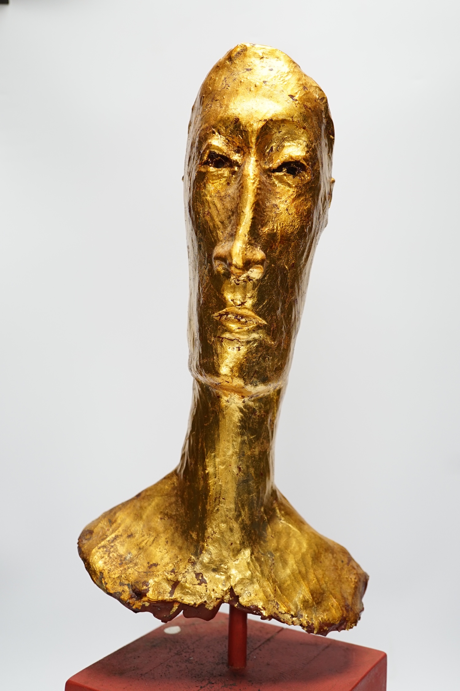 Simon Toone (b.1967), a gilt plaster model of a gentleman’s head on wooden stand, 57cm total - Image 2 of 4