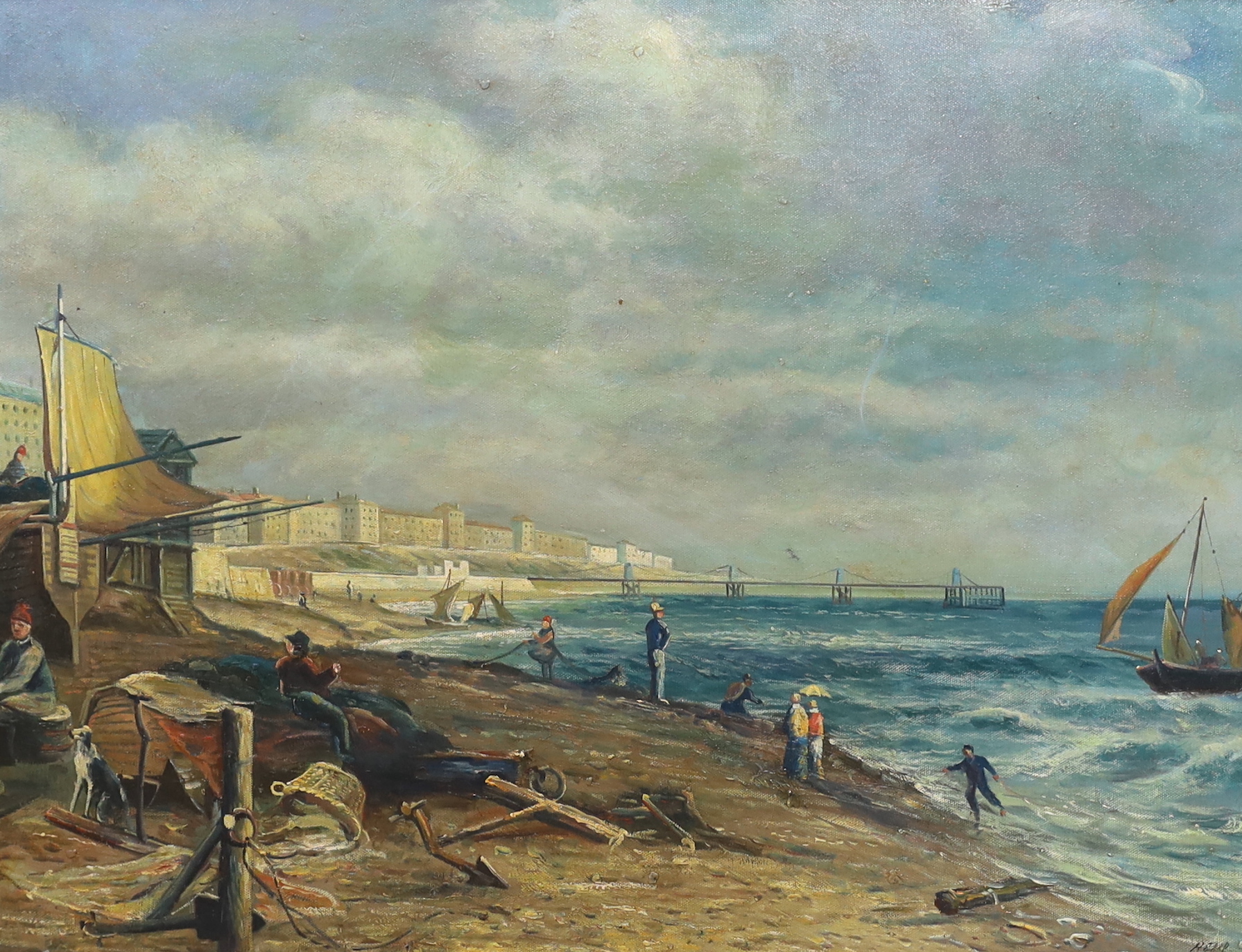 Oil on board, Coastal view with figures, 45 x 60cm, ornate gilt framed