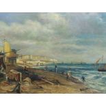 Oil on board, Coastal view with figures, 45 x 60cm, ornate gilt framed