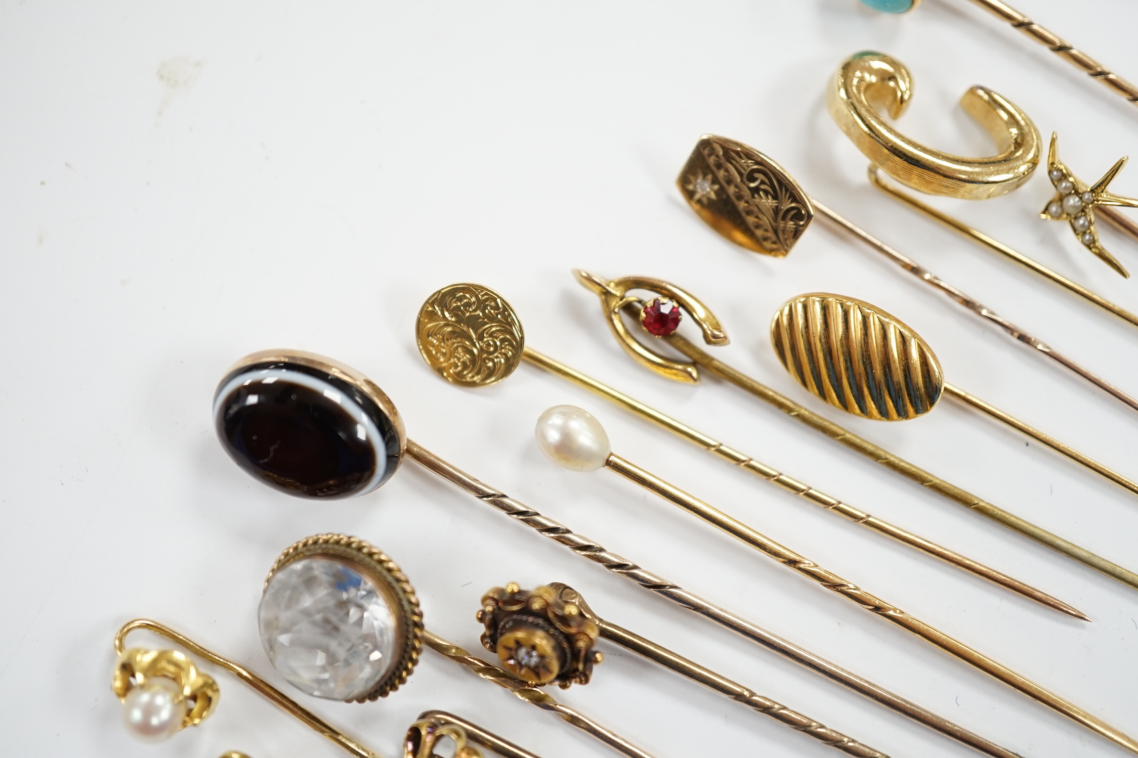 Fifteen assorted mainly early 20th century yellow metal and gem set stick pins, including diamond, - Image 4 of 11