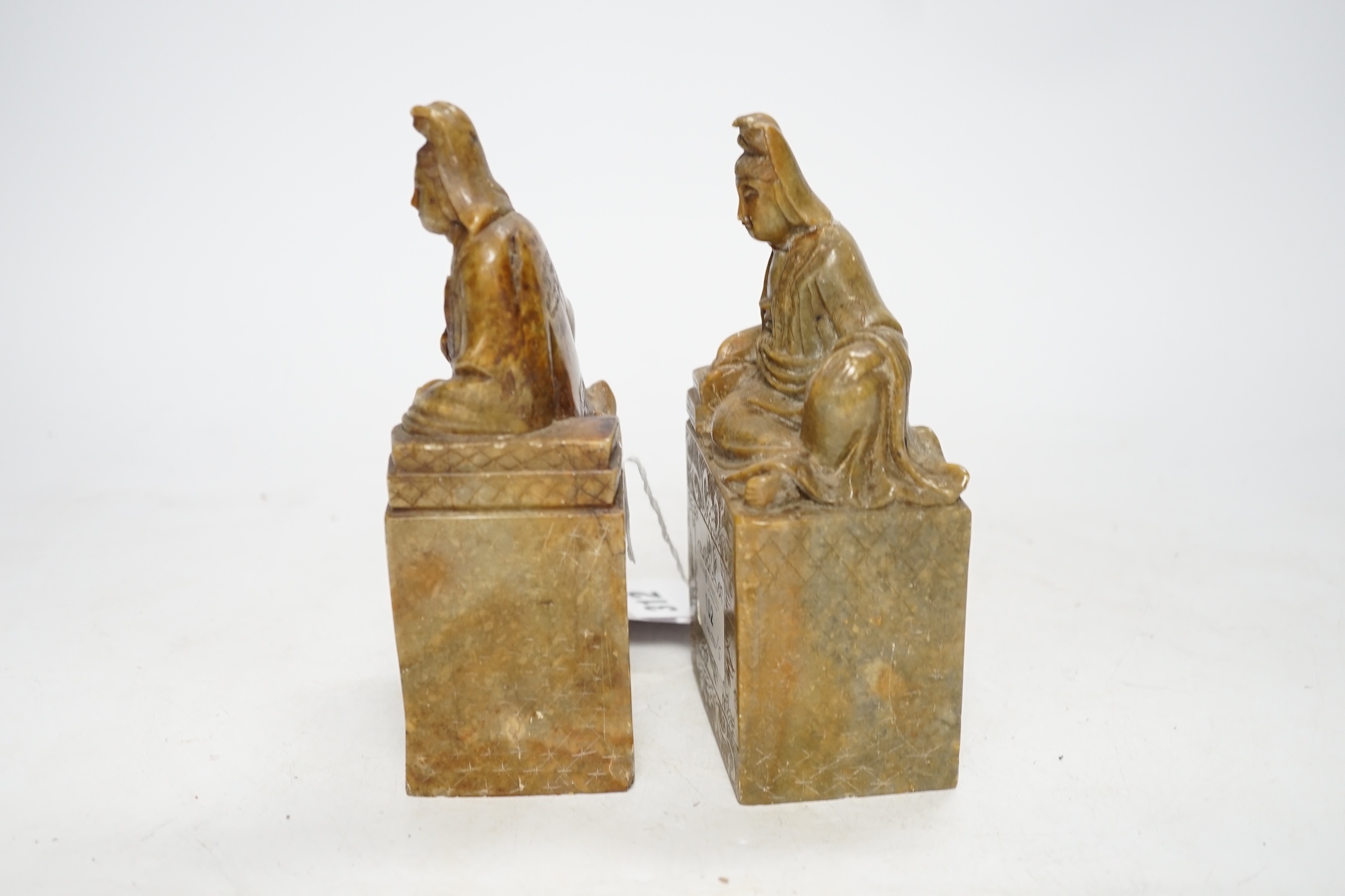 A pair of large Chinese soapstone ‘Guanyin’ seals, 16.5cm high - Image 3 of 4