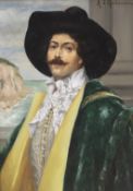 A. D'Ambrossi (Italian), oil on board, Portrait of a Cavalier before a coastal scene, signed,