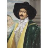 A. D'Ambrossi (Italian), oil on board, Portrait of a Cavalier before a coastal scene, signed,
