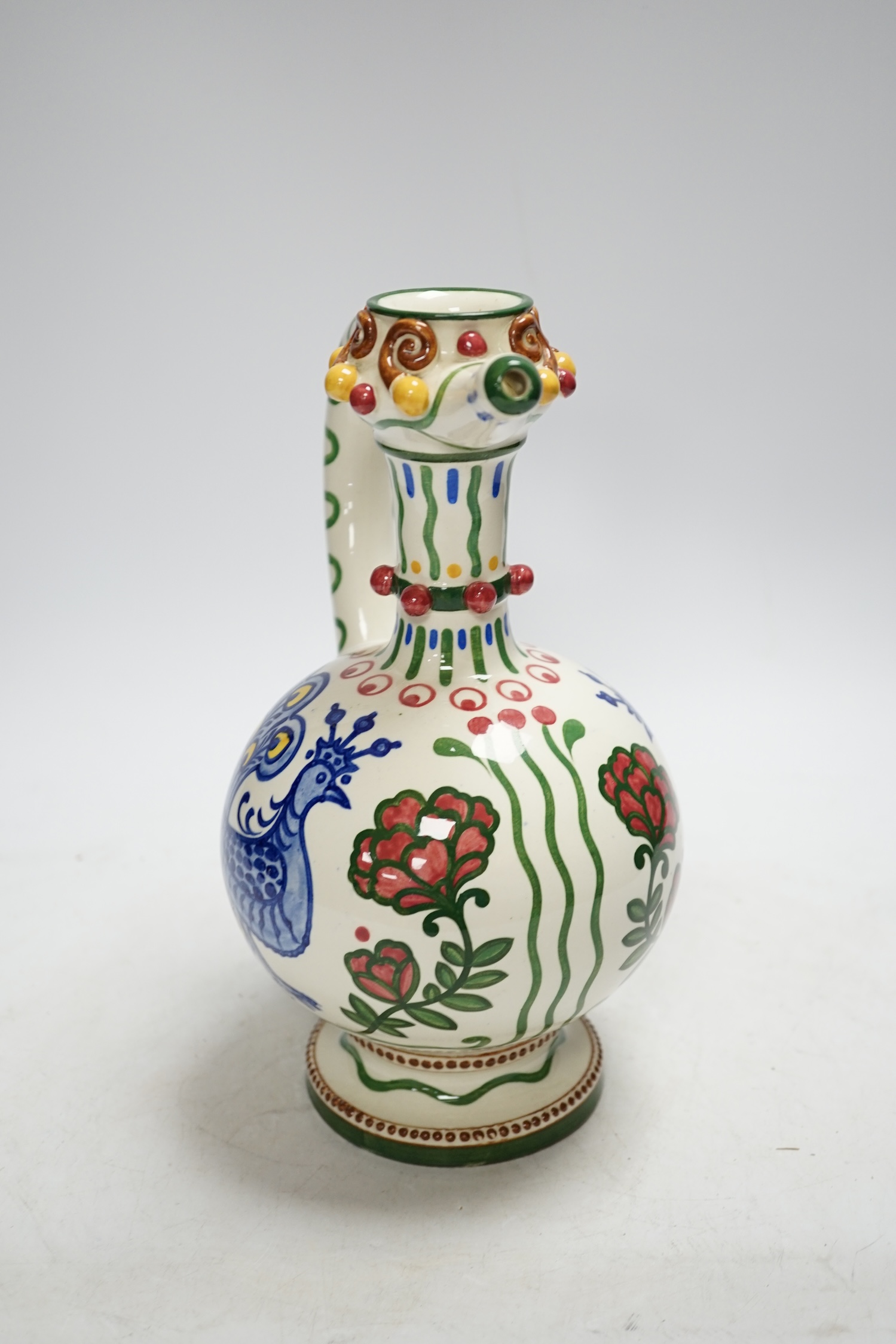A Zsolnay jug or ewer decorated with peacocks and flowers, stamped ‘Zsolnay 830 and 07’ to the base, - Image 2 of 4