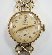 A lady's late 1950's 9ct gold Tudor Royal manual wind wrist watch, , on a 9ct gold Rolex bracelet,