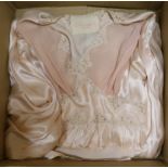 A 1940's pink satin, chiffon and lace inserted blouse