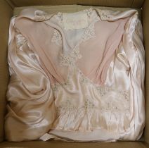A 1940's pink satin, chiffon and lace inserted blouse