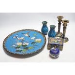 Seven Chinese or Japanese cloisonné enamel items including a pair of candlesticks, 15cm high, a