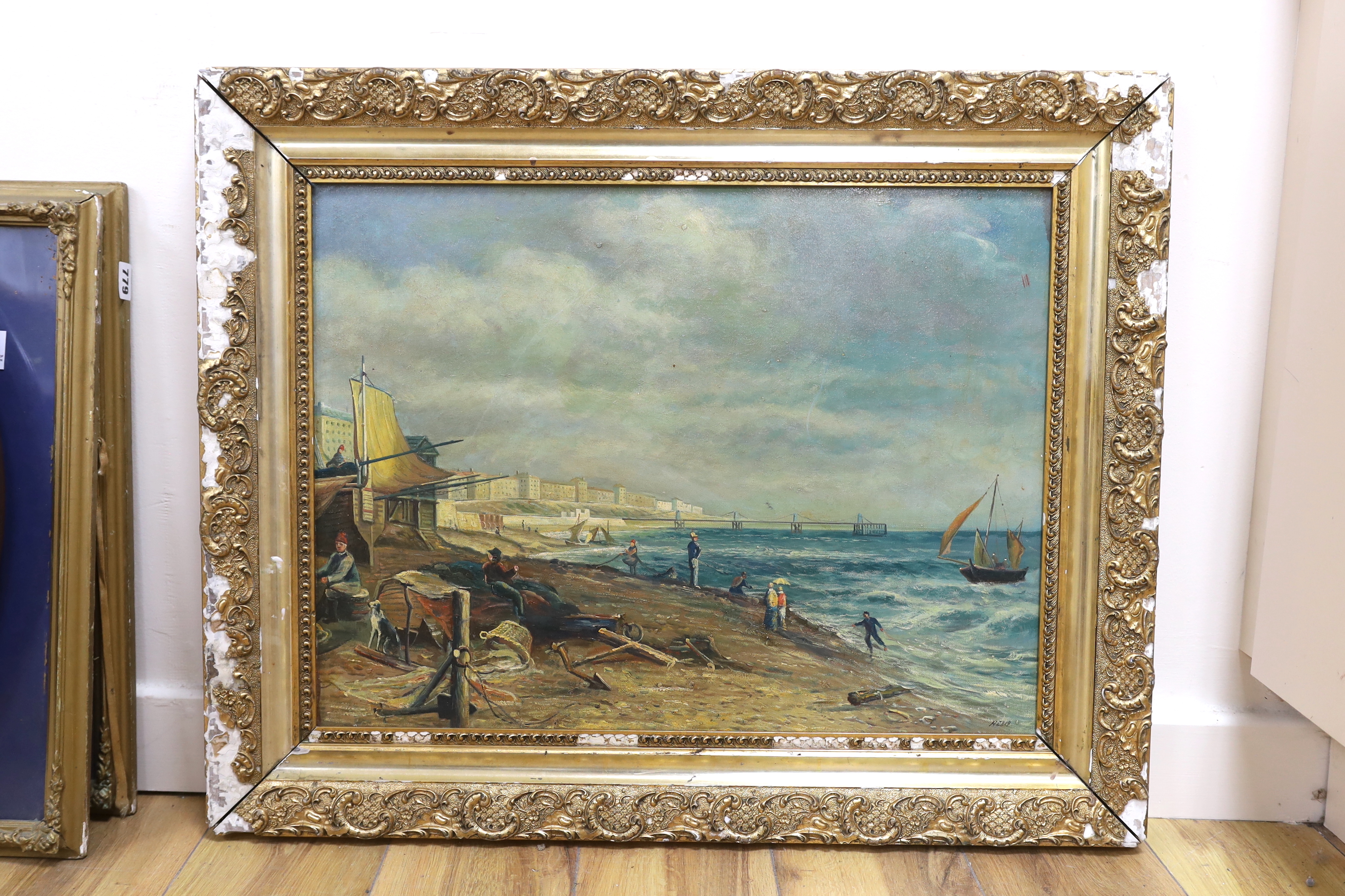 Oil on board, Coastal view with figures, 45 x 60cm, ornate gilt framed - Image 2 of 4