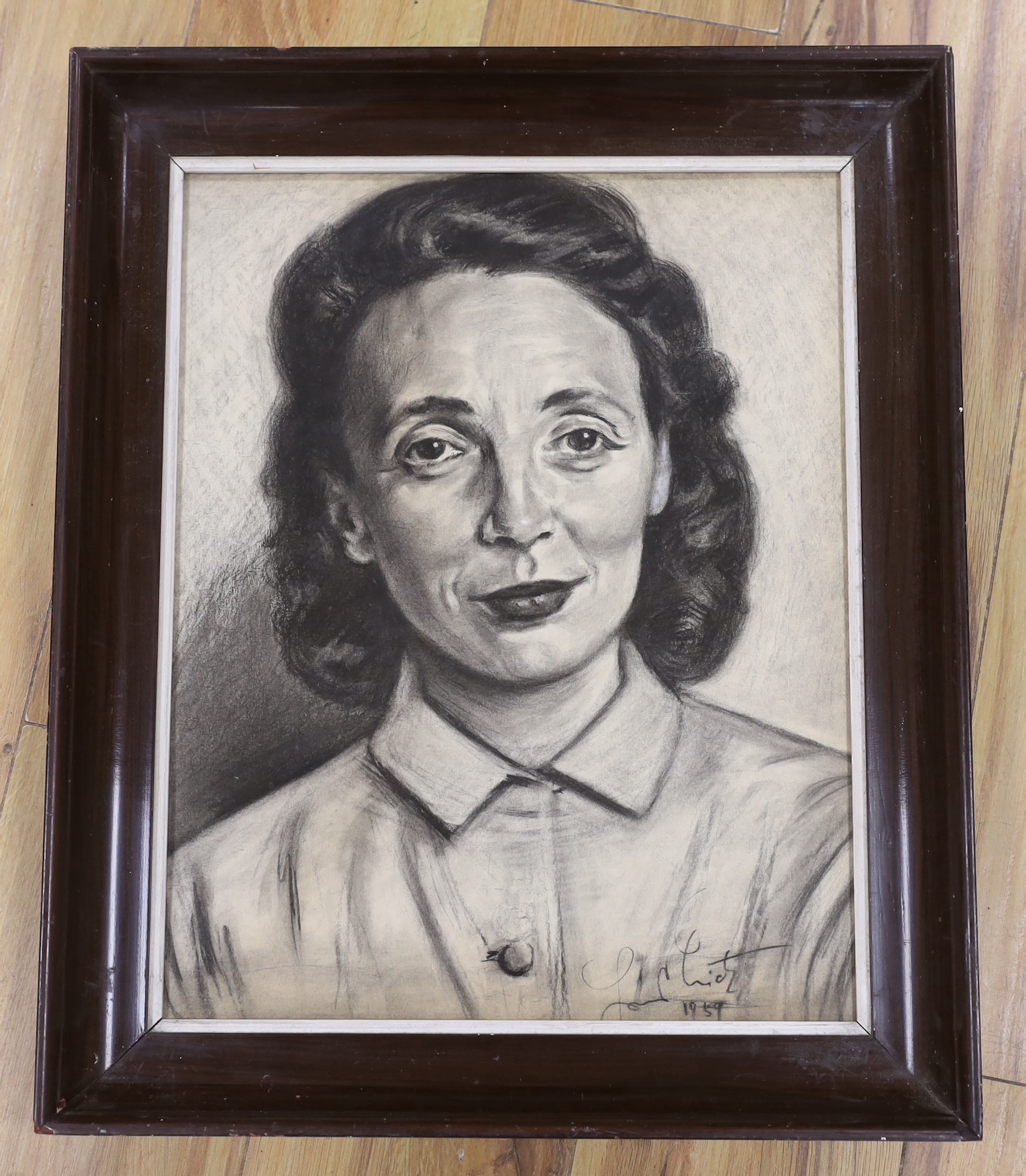 Mid 20th century, charcoal, Study of a woman, indistinctly signed and dated 1959, 43 x 34cm - Image 2 of 3