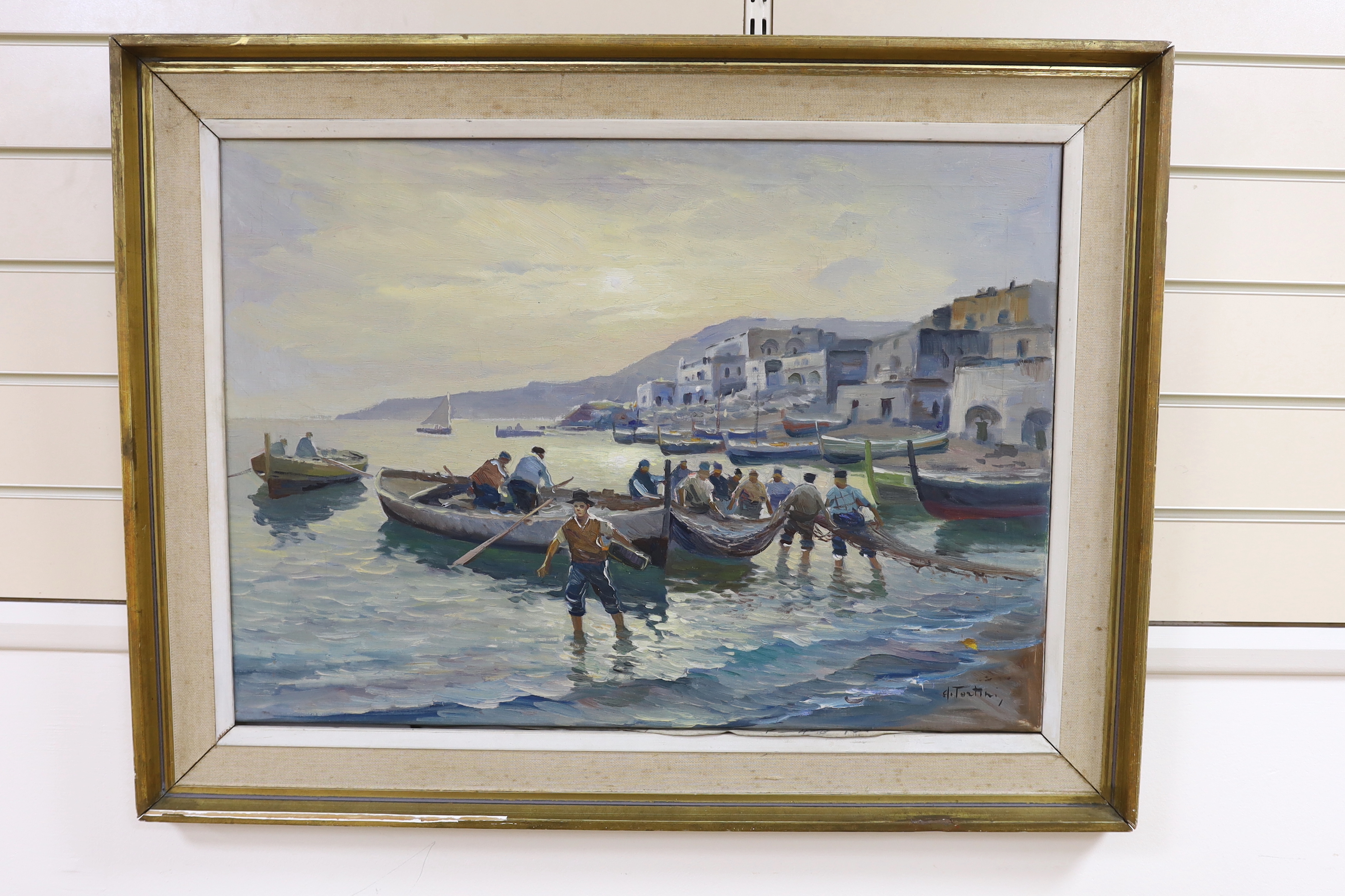 Tortini, impressionist oil on canvas, Harbour scene with figures and fishing boats, signed, 50 x - Image 2 of 3