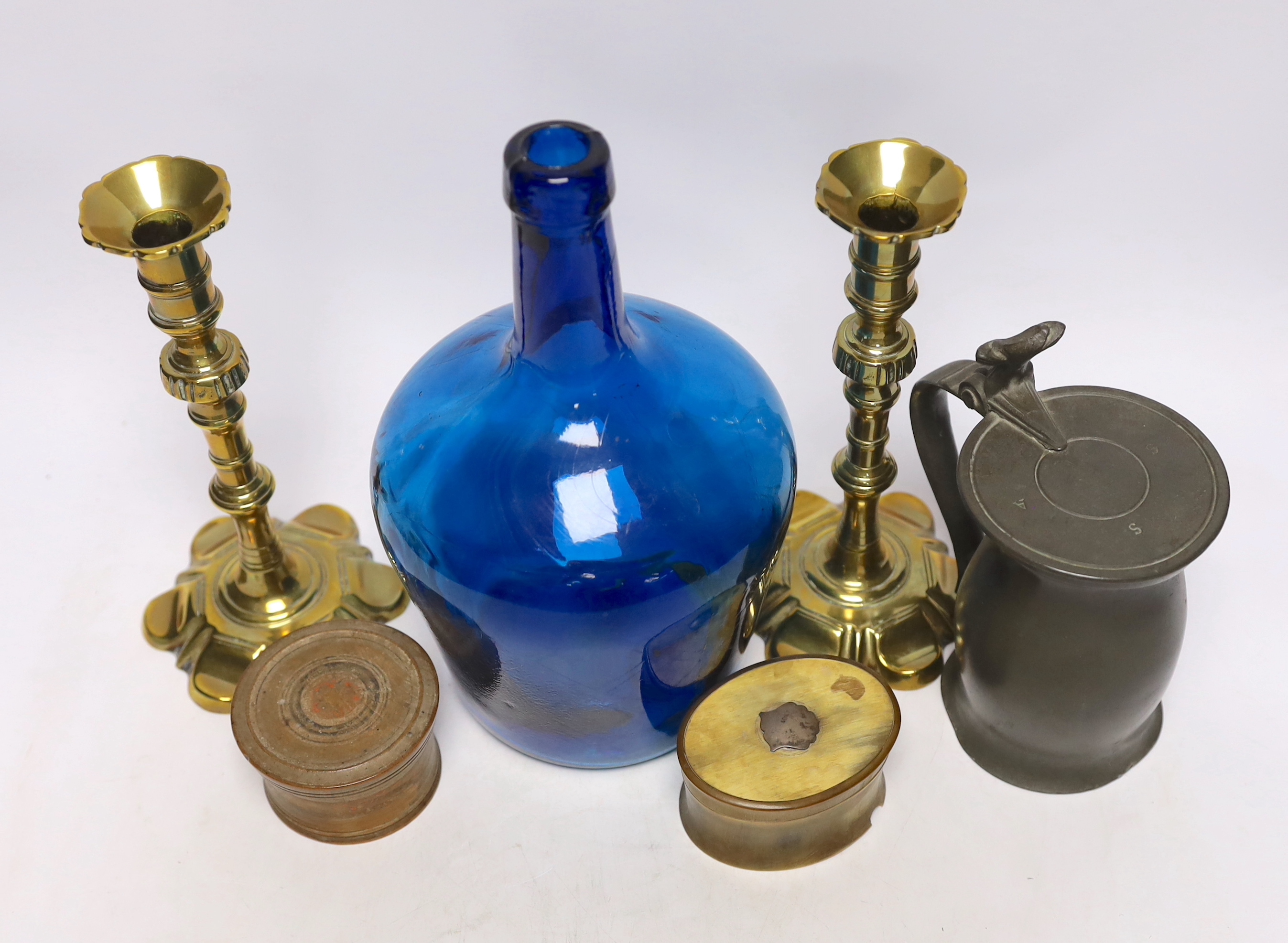 A pair of 18th century brass candlesticks, a blue glass flagon, a horn snuff box, etc. candle sticks - Image 2 of 2