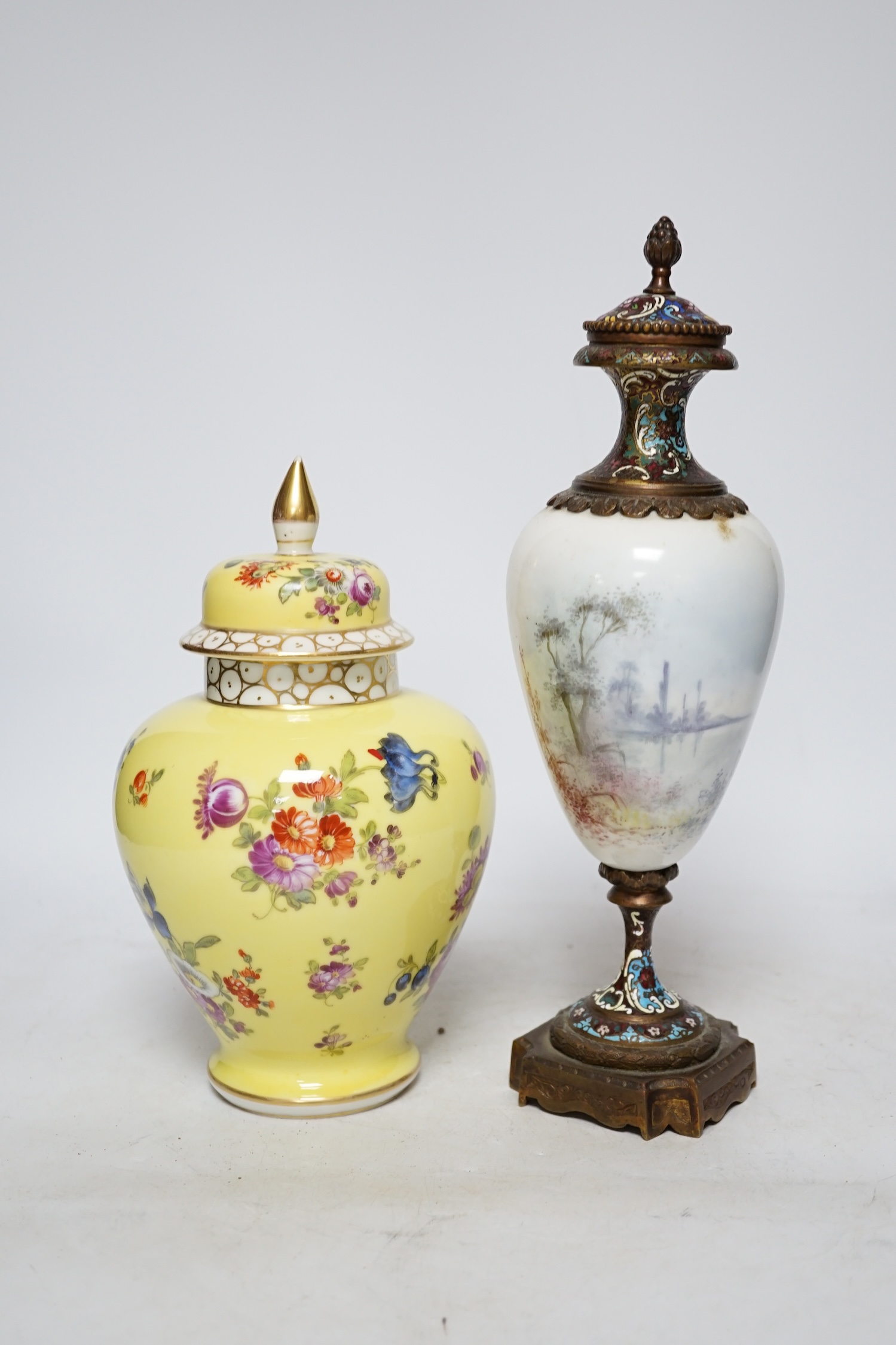 A 19th century French ormolu, enamel and porcelain urn and cover and a Dresden yellow urn and cover, - Image 3 of 3