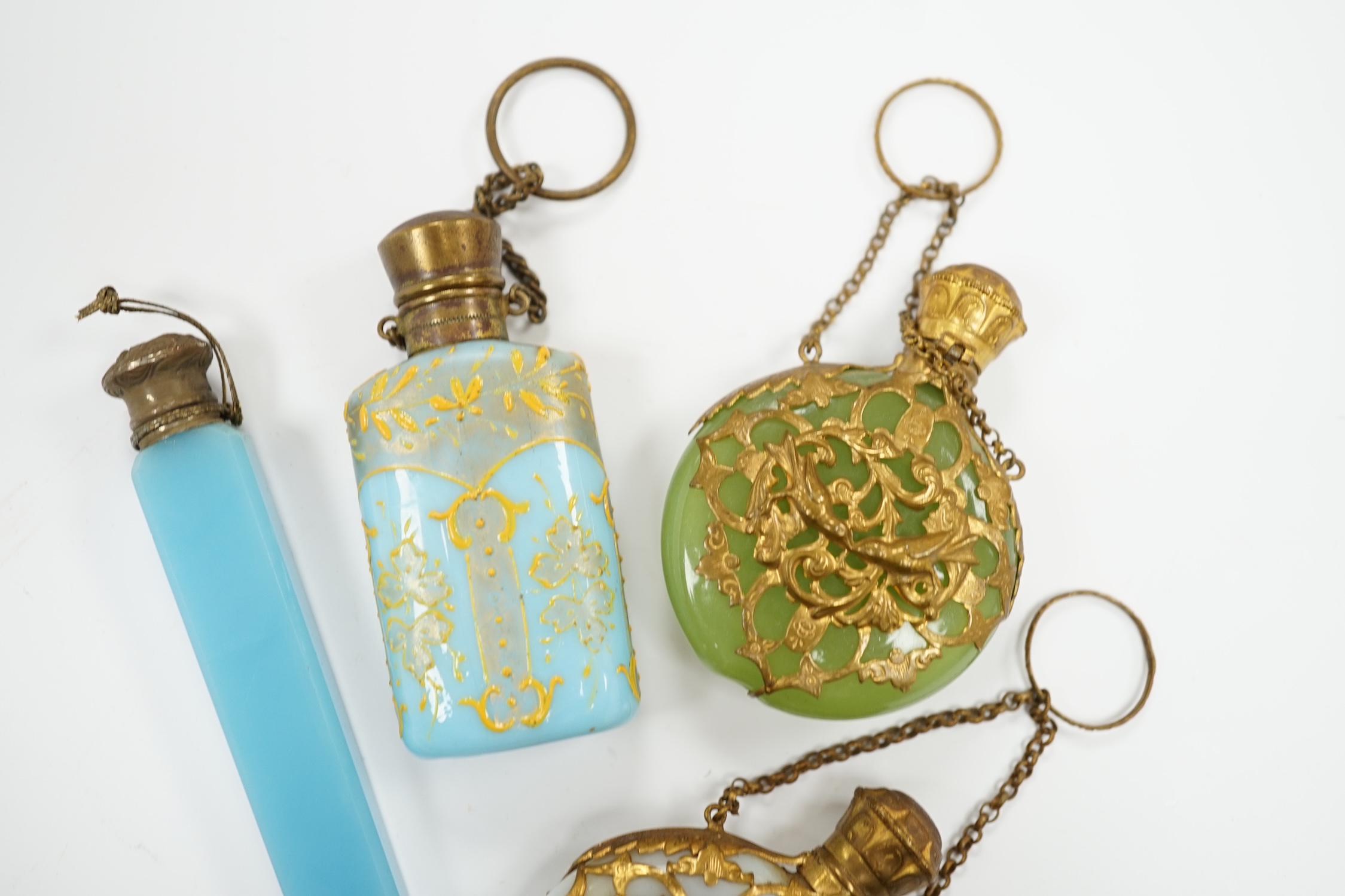 A group of four glass scent bottles with gilt metal mounts, largest 9cm high - Image 2 of 4