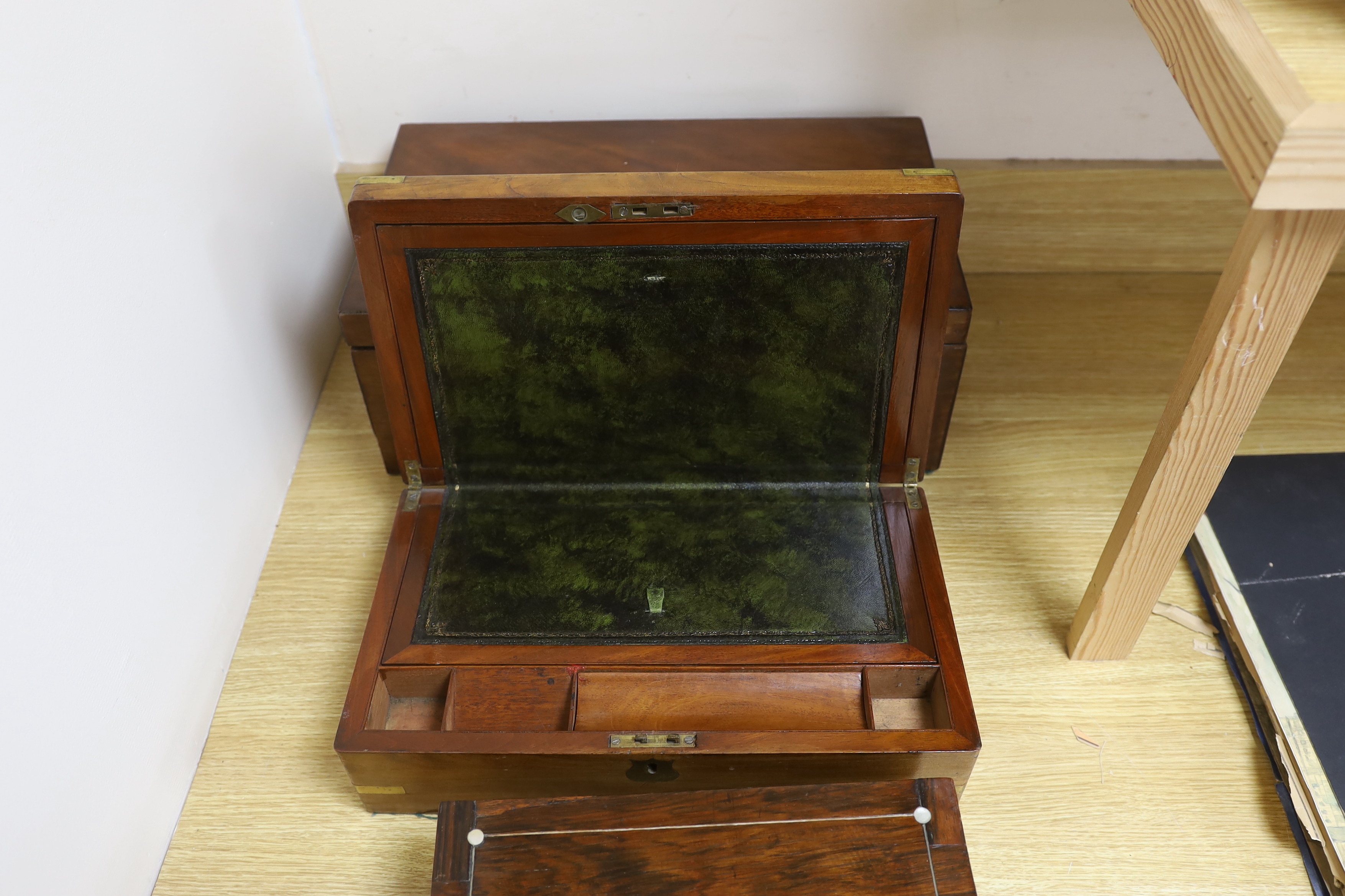 Two Victorian writing slopes and a mother of pearl inlaid box, largest 47cm wide, 26.5cm deep, - Image 3 of 4