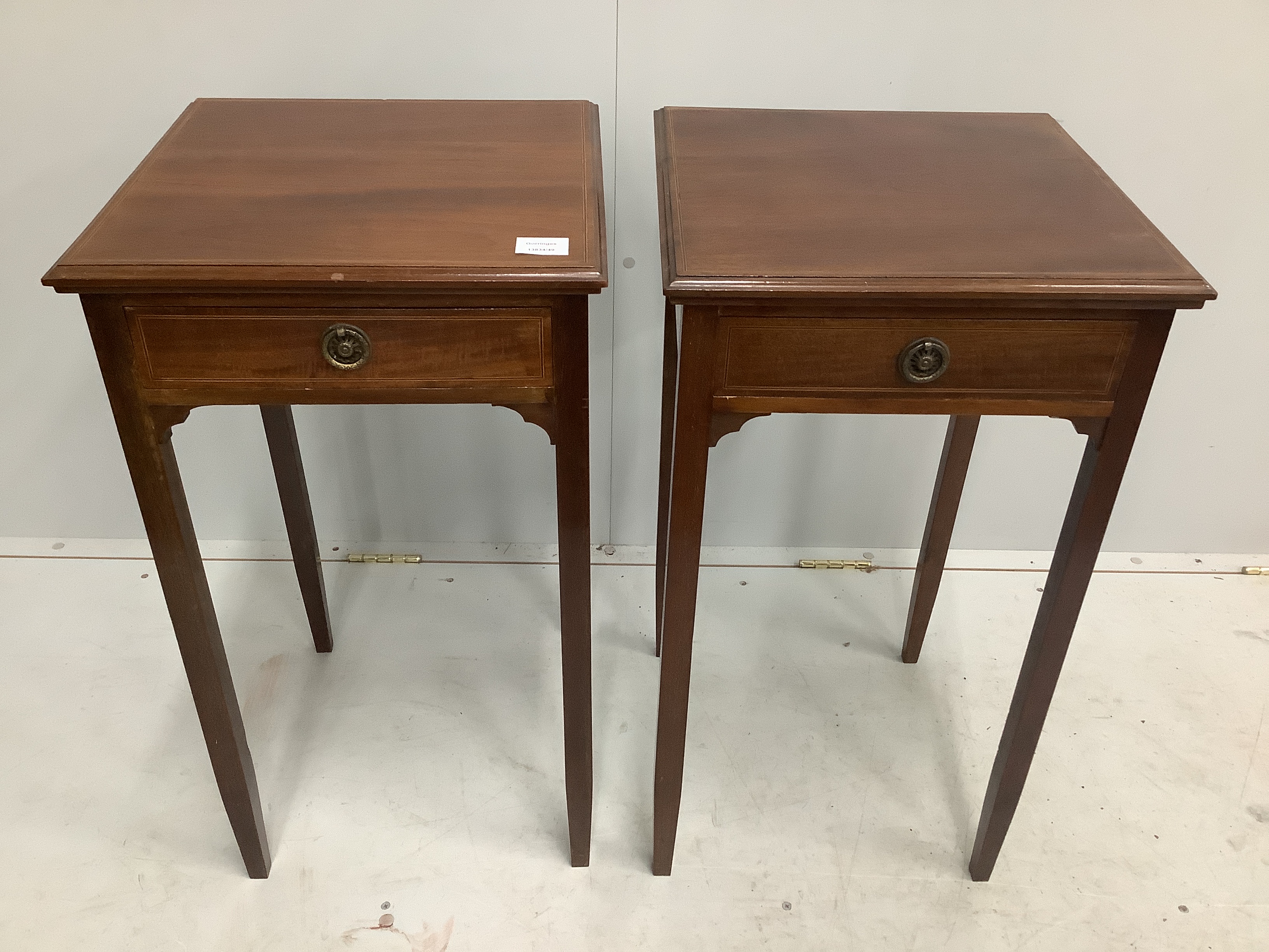 A pair of reproduction George III style mahogany bedside tables, with blind fret aprons, on square - Image 2 of 2
