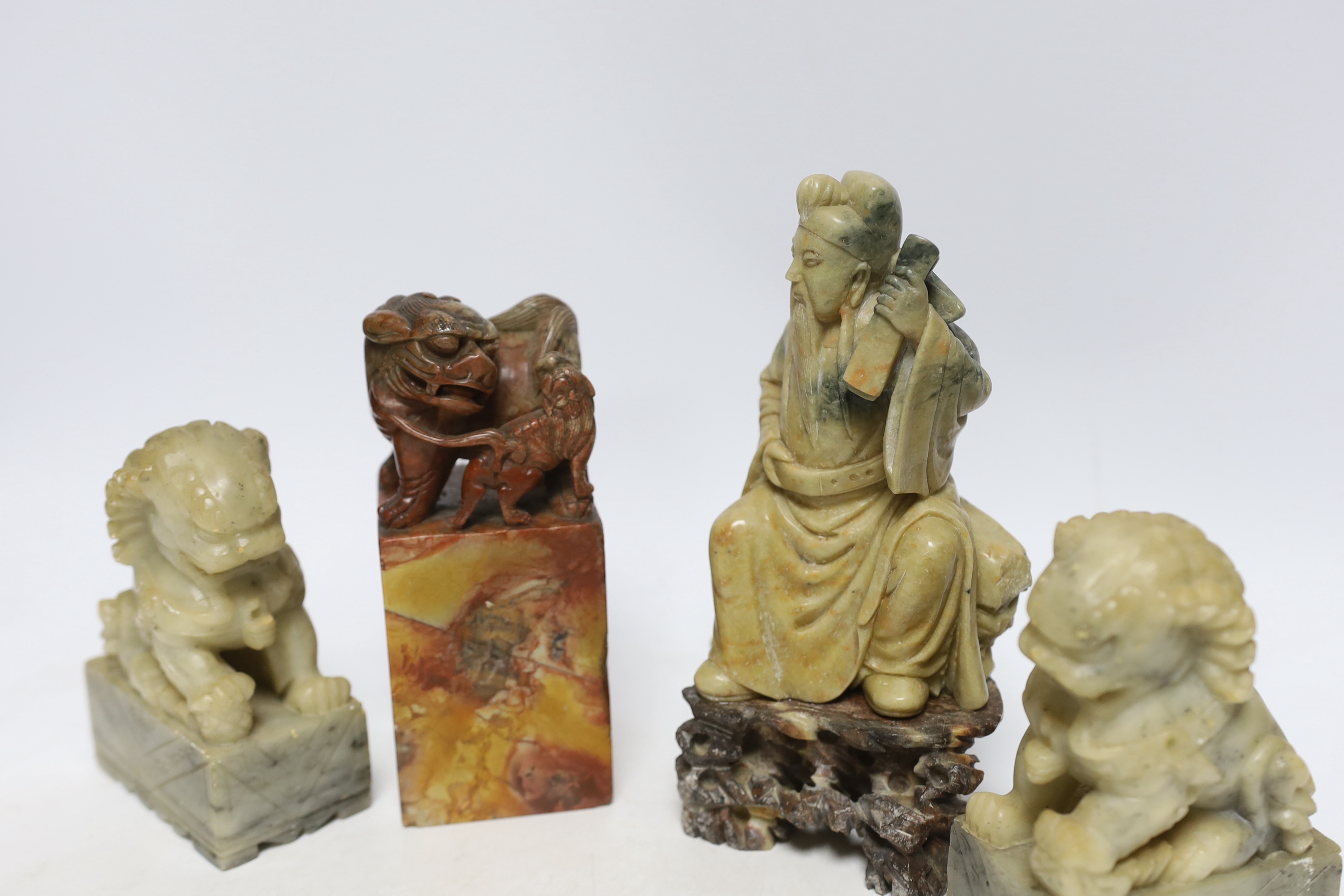 Two Chinese soapstone figures and a pair of Buddhist lion seals, tallest 19.5cm - Image 4 of 4