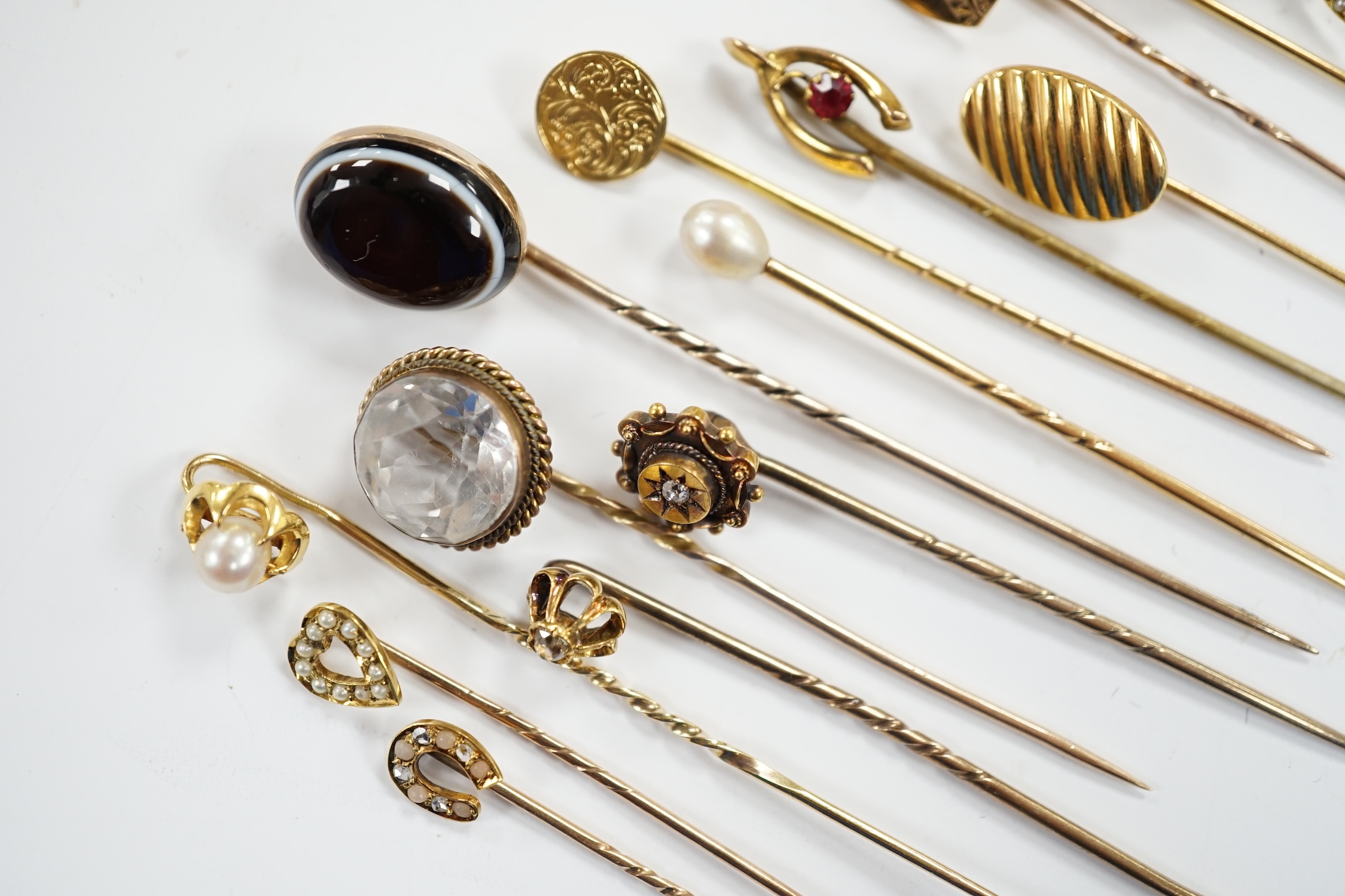 Fifteen assorted mainly early 20th century yellow metal and gem set stick pins, including diamond, - Image 5 of 11