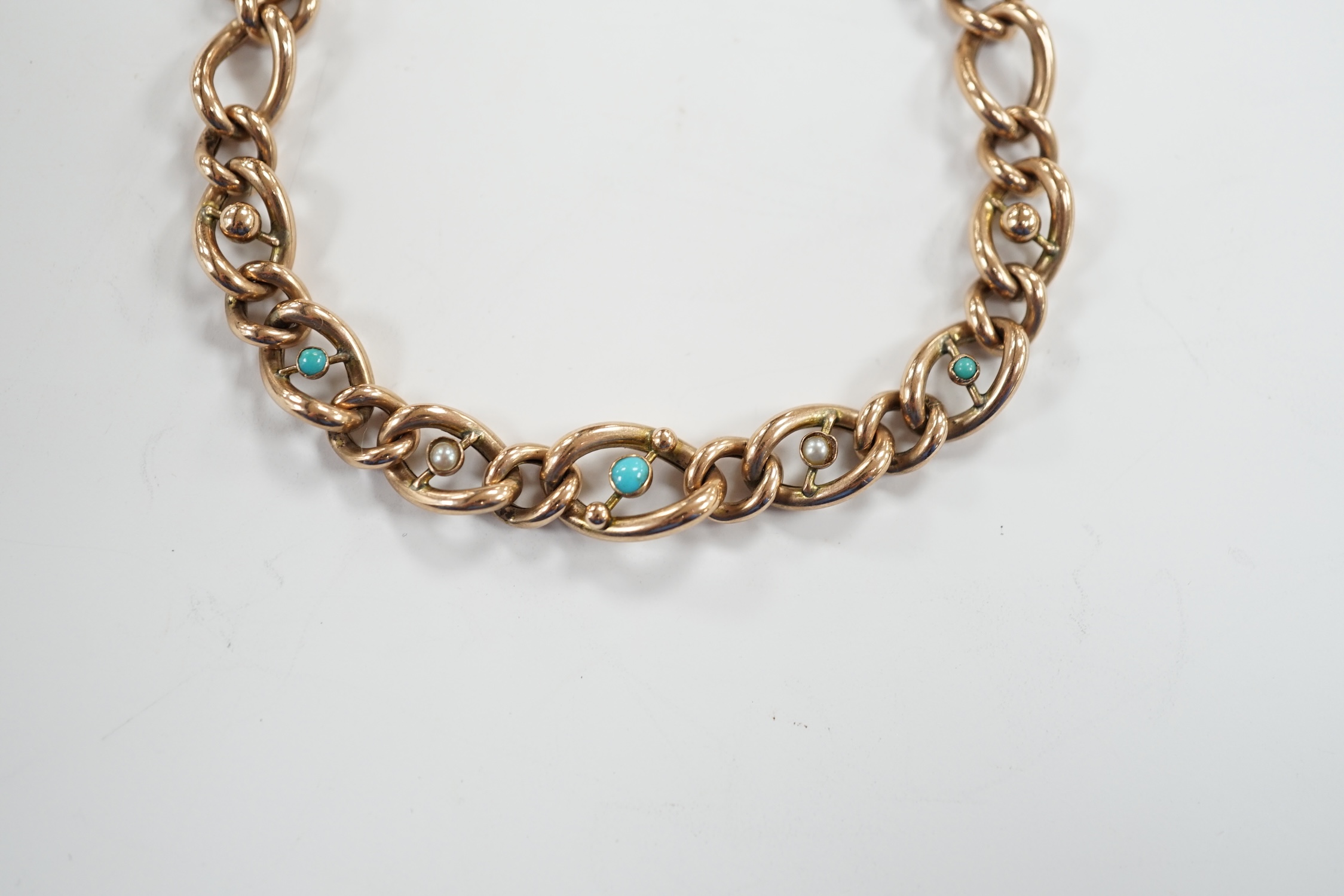 A 9ct gold and turquoise bead set curb link bracelet, with heart shape padlock clasp, 18cm, gross - Image 2 of 4