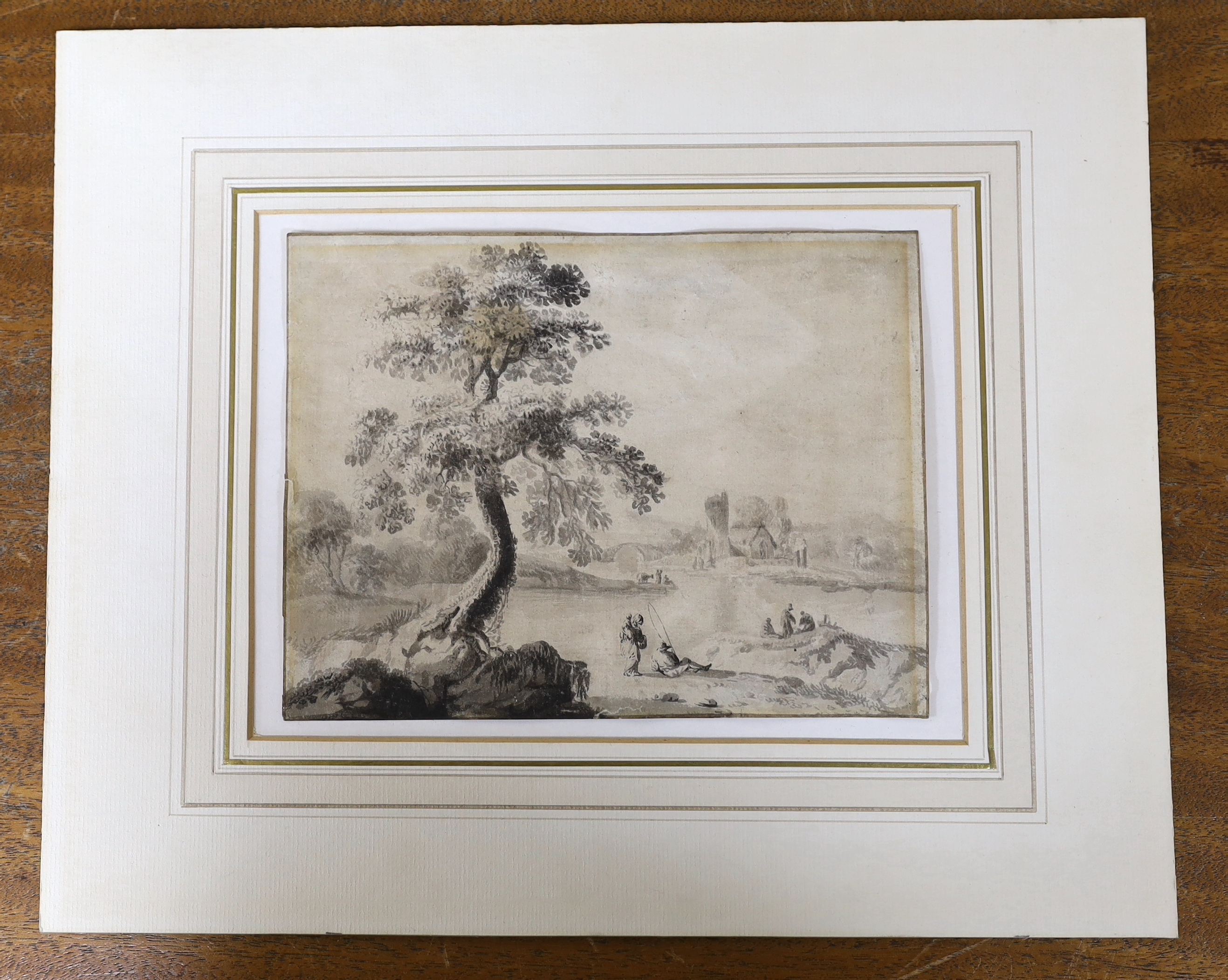 18th century Dutch, old master, ink and wash, Landscape with figures before a church, mounted, 16 - Image 2 of 3