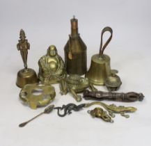 Sundry metalware including hinged brass frog with compartment, nutcrackers, seated Buddha and 925