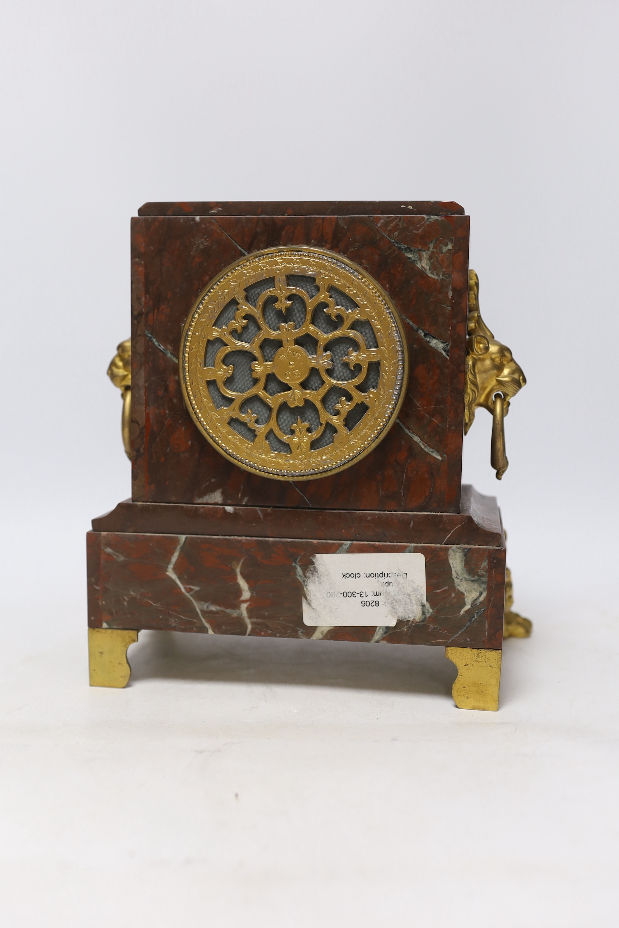 A late 19th century French rouge marble and ormolu clock garniture, 31cm - Image 5 of 6