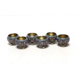A set of six late 19th century Russian 84 zolotnik and cloisonné enamel tub salts, by Gustav