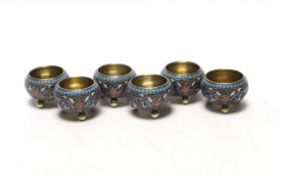 A set of six late 19th century Russian 84 zolotnik and cloisonné enamel tub salts, by Gustav