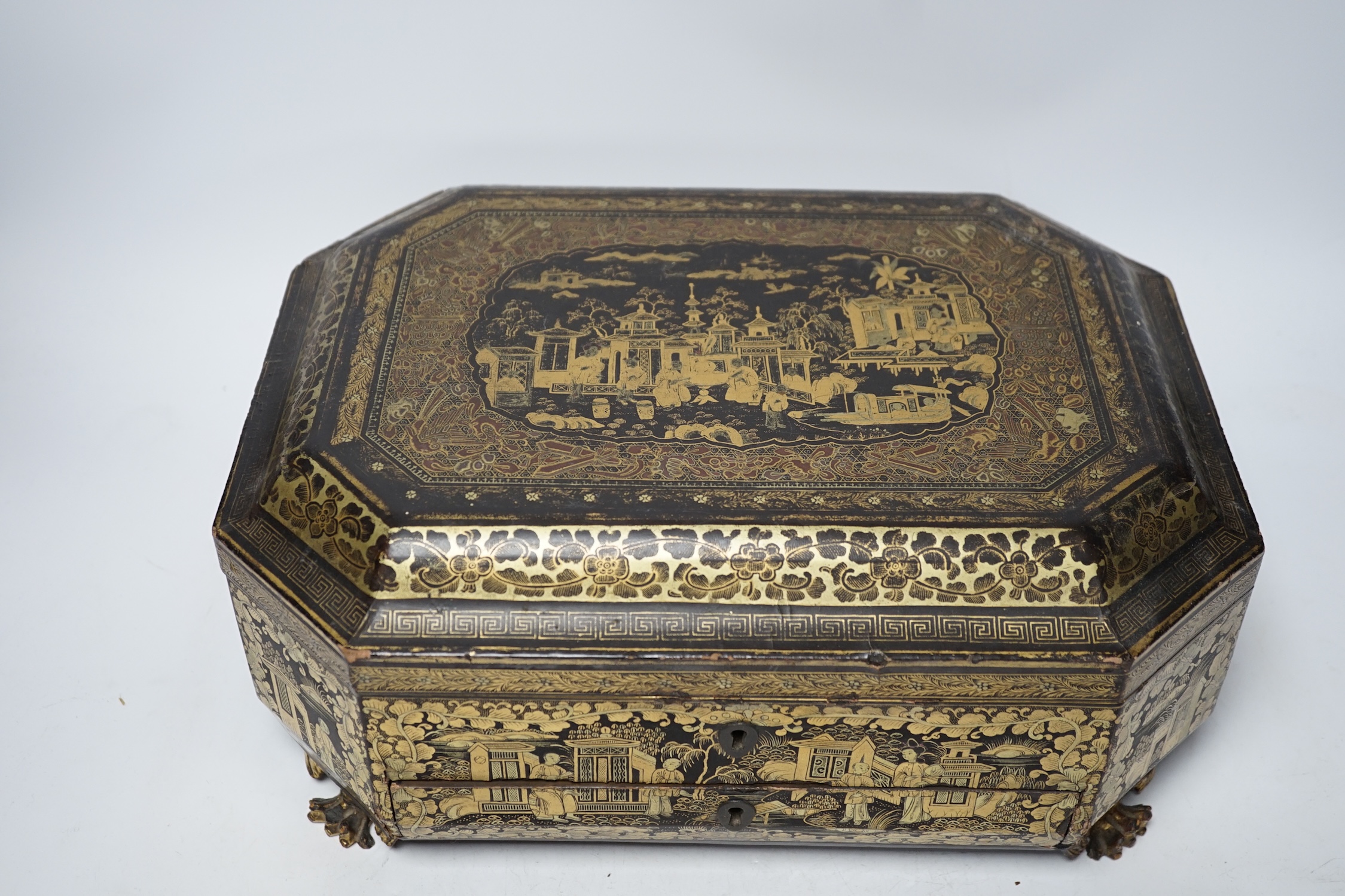 A mid 19th century Chinese export gilt decorated black lacquer work box and a George III mahogany - Image 5 of 7