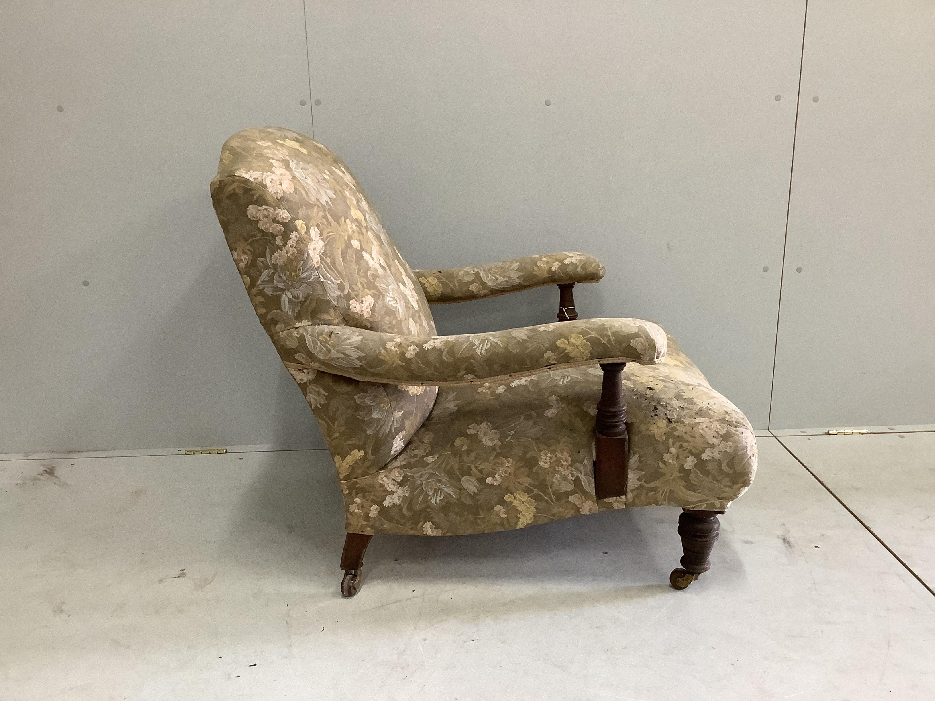 A Victorian Howard style open armchair, width 77cm, depth 84cm, height 84cm - Image 2 of 2