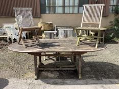 A weathered teak extending garden table, 240cm extended, depth 120cm, height 73cm, together with