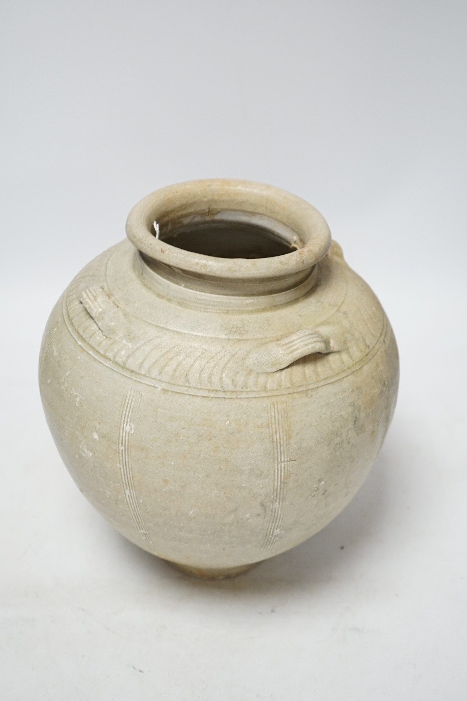 A Chinese Yue ware pale celadon shipwreck jar, Song dynasty, 27cm high - Image 3 of 4