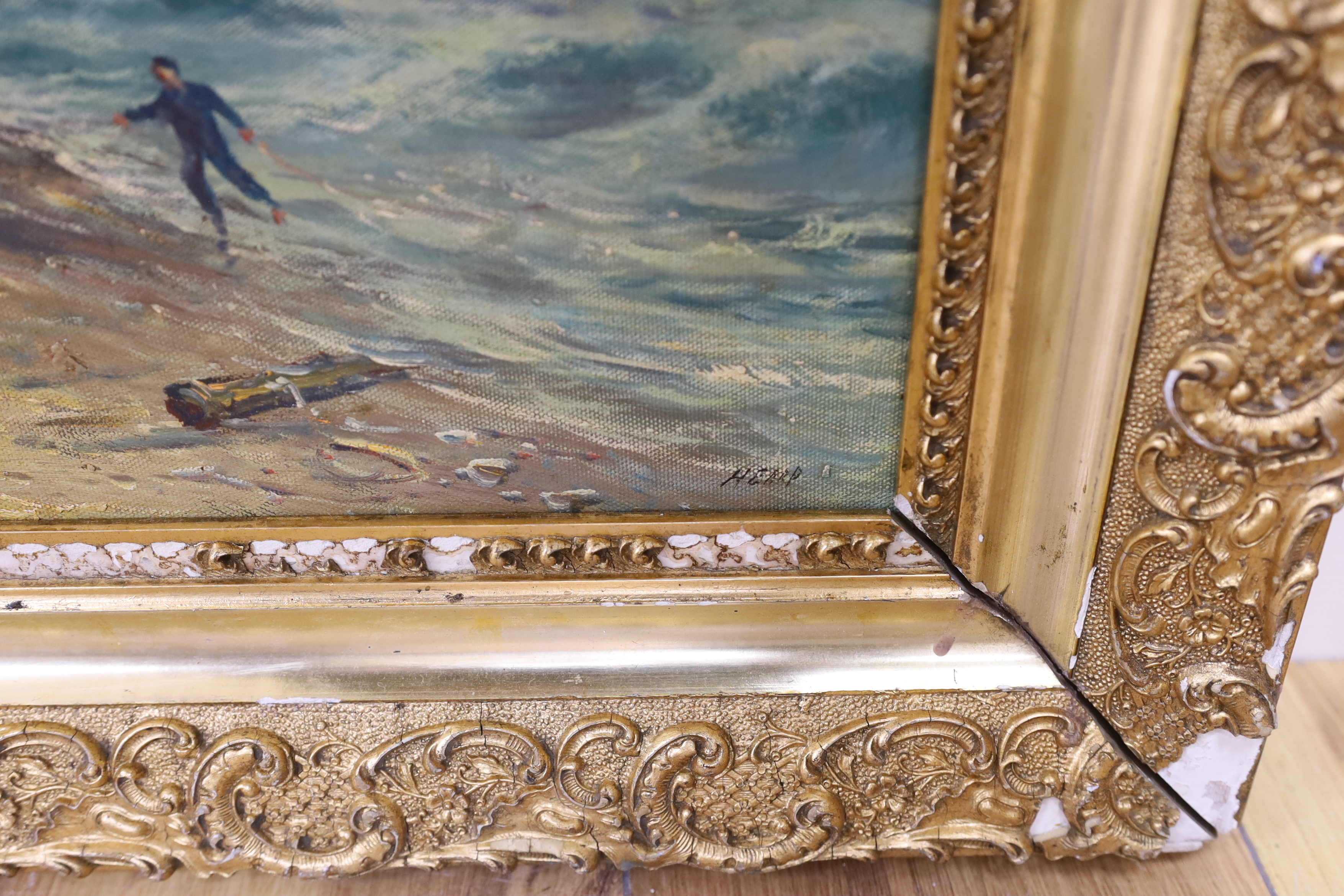 Oil on board, Coastal view with figures, 45 x 60cm, ornate gilt framed - Image 3 of 4