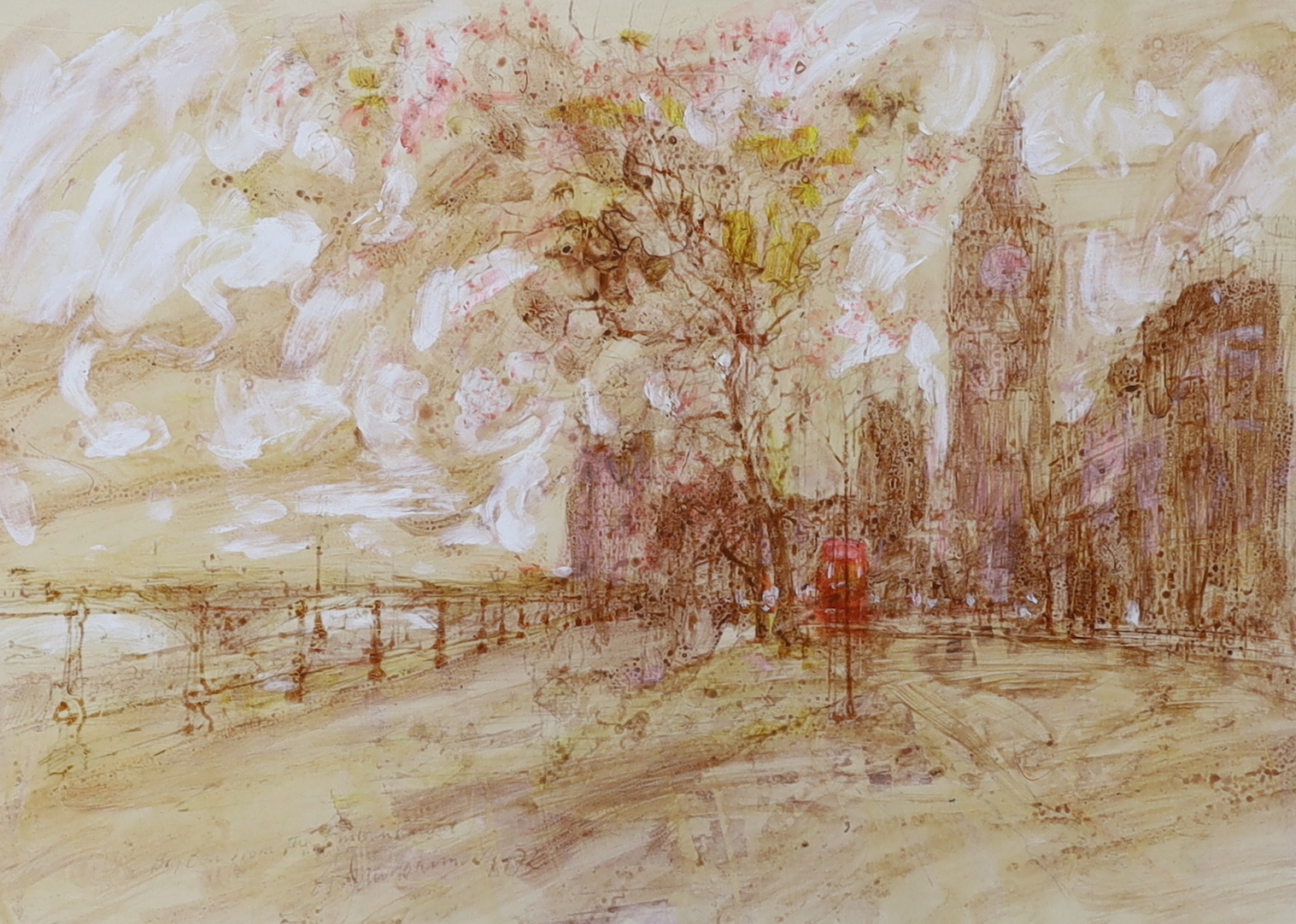 John Kimovic?, mixed media, 'Big Ben from The Embankment', indistinctly signed, 30 x 42cm - Image 2 of 4