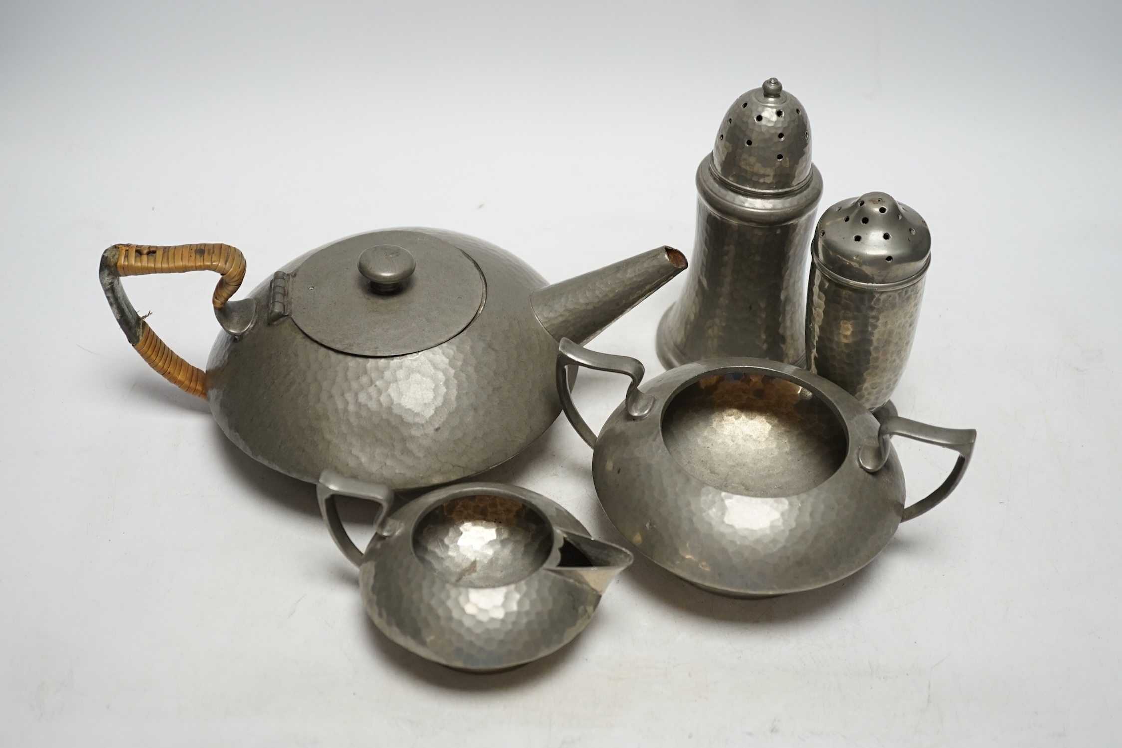 A Hutton Sheffield English Pewter tea set comprising of a teapot, 8cm high, jug and sugar bowl, - Image 2 of 5