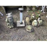Eight reconstituted stone garden ornaments, largest 53cm together with a garden thermometer