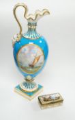 A 19th century Minton turquoise ground ewer, and a Continental porcelain snuff box and cover, ewer